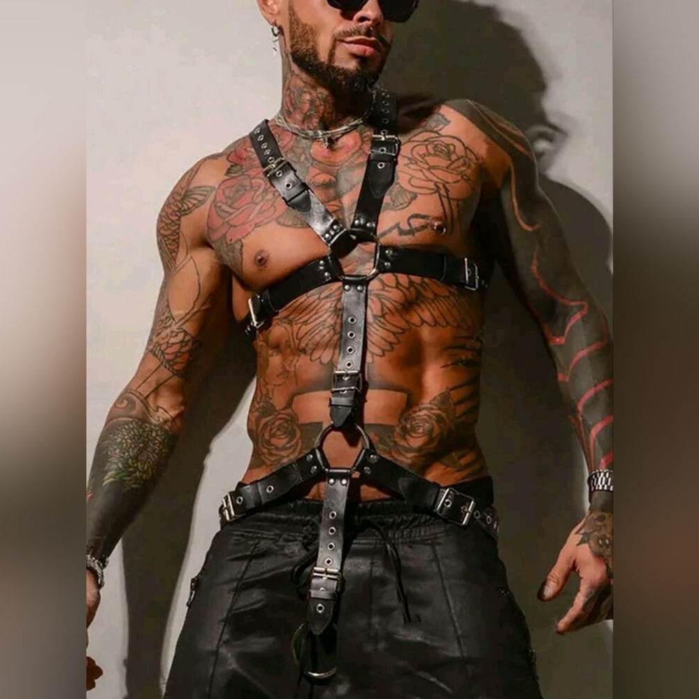 Men's Pu Leather Waist Harness Suspender Full Body Restraint Top - Picture 2 of 4